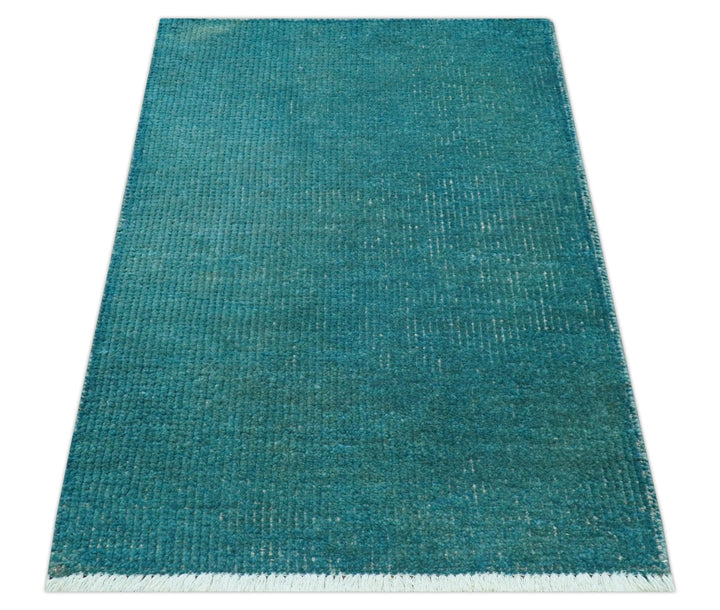 Custom Made Modern Solid Overdyed Blue Hand Knotted Wool Area Rug - The Rug Decor