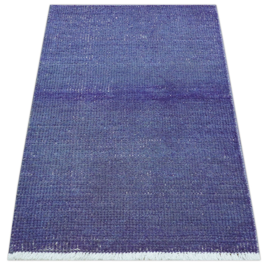 Custom Made Modern Solid Overdyed Blue Hand Knotted Wool Area Rug - The Rug Decor