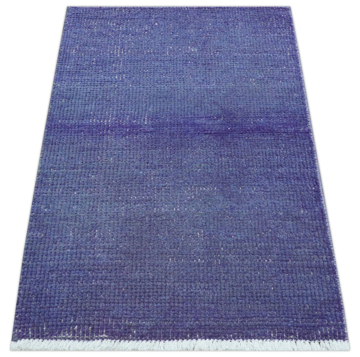 Custom Made Modern Solid Overdyed Blue Hand Knotted Wool Area Rug - The Rug Decor