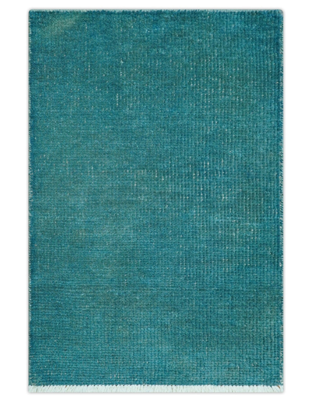 Custom Made Modern Solid Overdyed Blue Hand Knotted Wool Area Rug - The Rug Decor