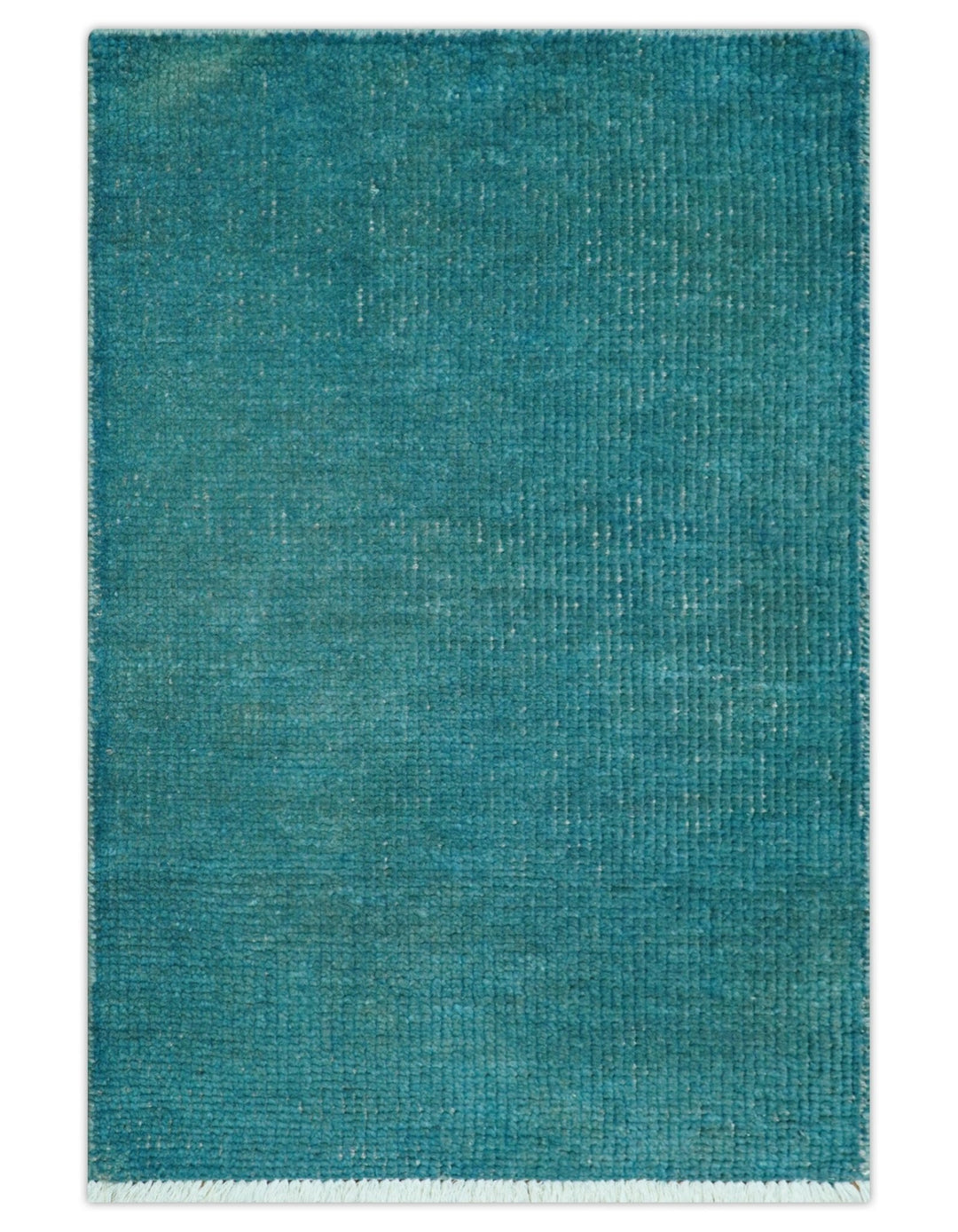 Custom Made Modern Solid Overdyed Blue Hand Knotted Wool Area Rug - The Rug Decor