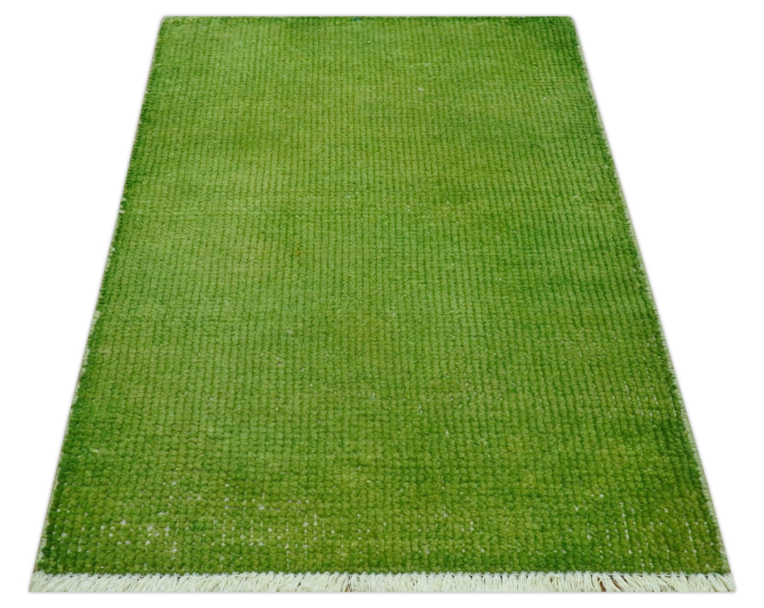 Custom Made Modern Solid Overdyed Green Hand Knotted Wool Area Rug - The Rug Decor