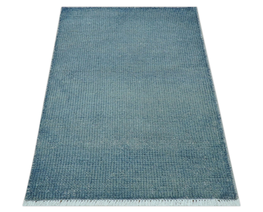 Custom Made Modern Solid Overdyed Light Blue Hand Knotted Wool Area Rug - The Rug Decor
