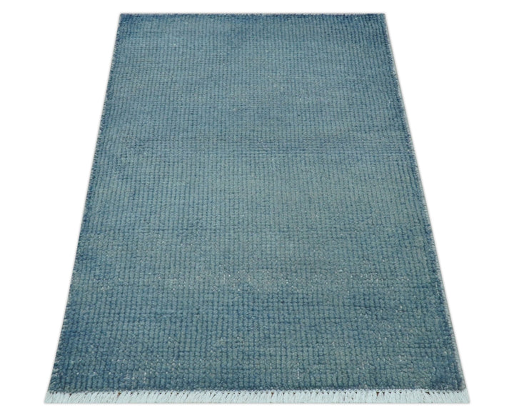Custom Made Modern Solid Overdyed Light Blue Hand Knotted Wool Area Rug - The Rug Decor