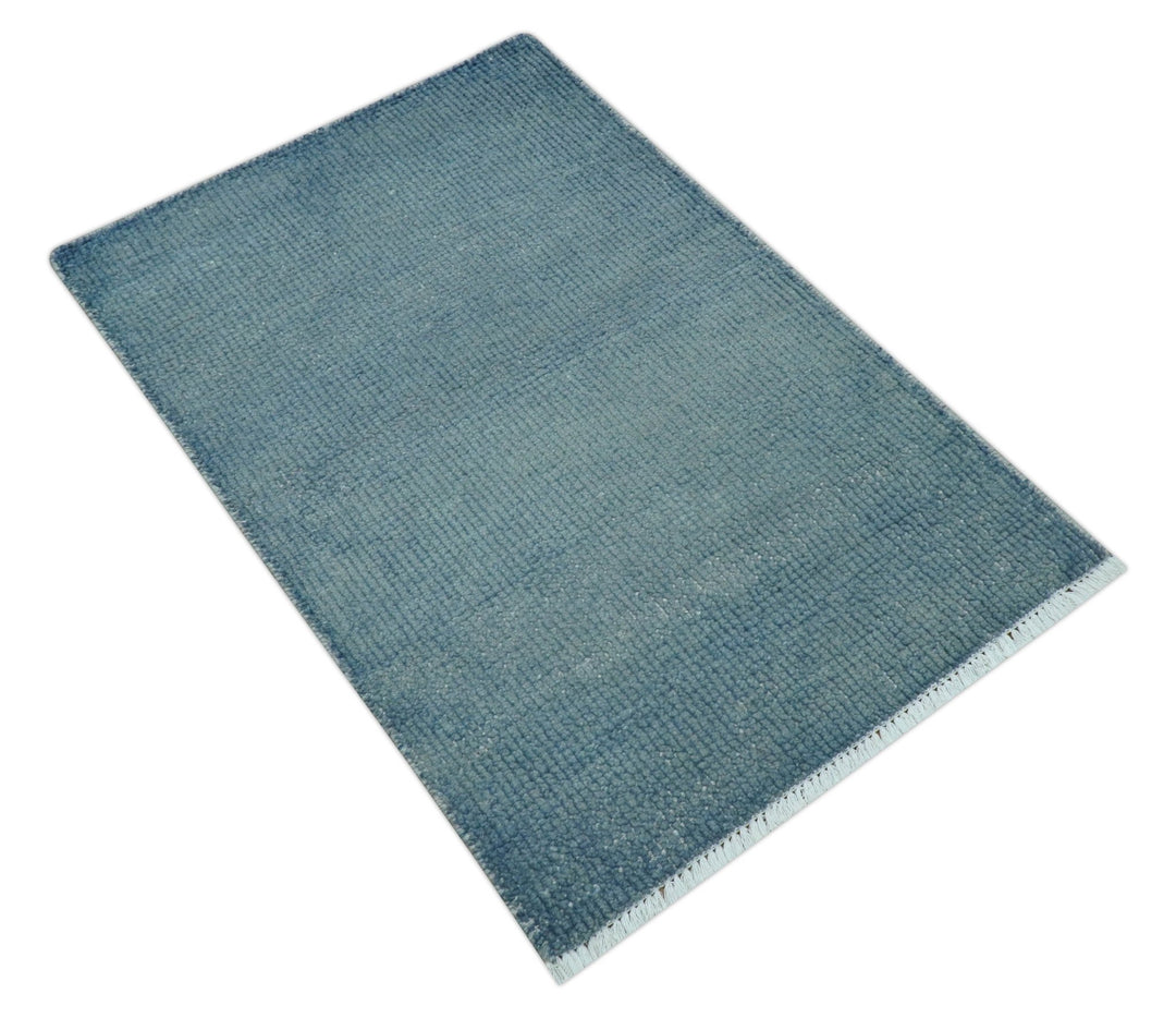 Custom Made Modern Solid Overdyed Light Blue Hand Knotted Wool Area Rug - The Rug Decor