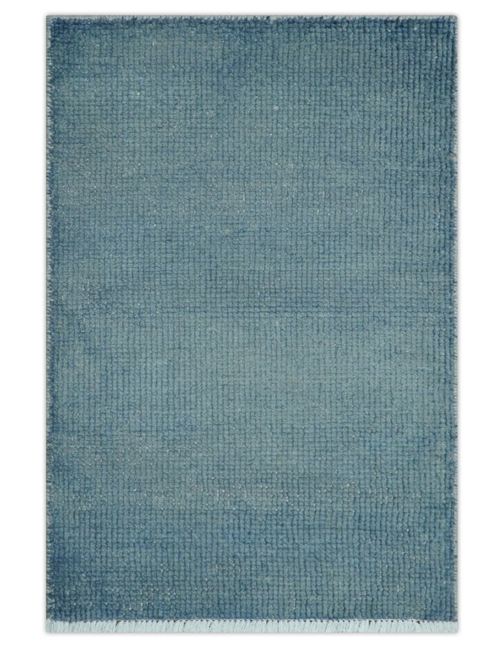 Custom Made Modern Solid Overdyed Light Blue Hand Knotted Wool Area Rug - The Rug Decor