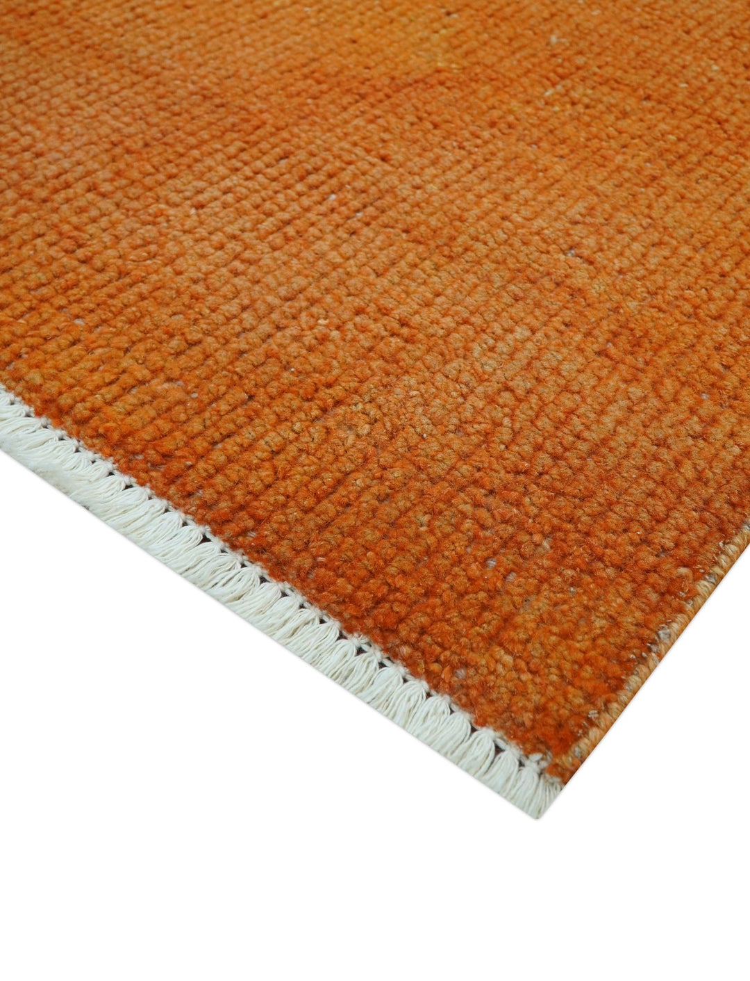 Custom Made Modern Solid Overdyed Orange Hand Knotted Wool Area Rug - The Rug Decor