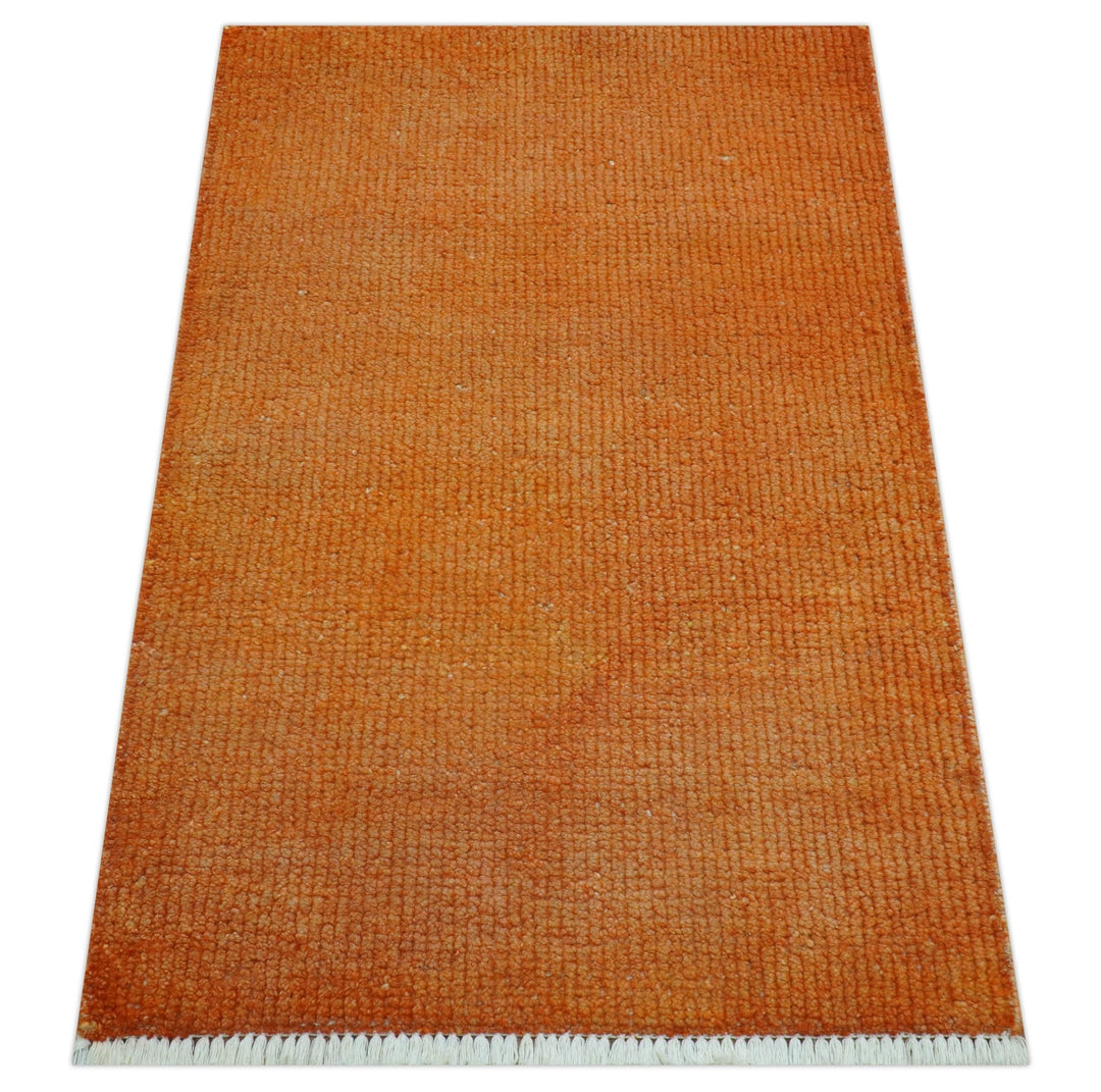 Custom Made Modern Solid Overdyed Orange Hand Knotted Wool Area Rug - The Rug Decor