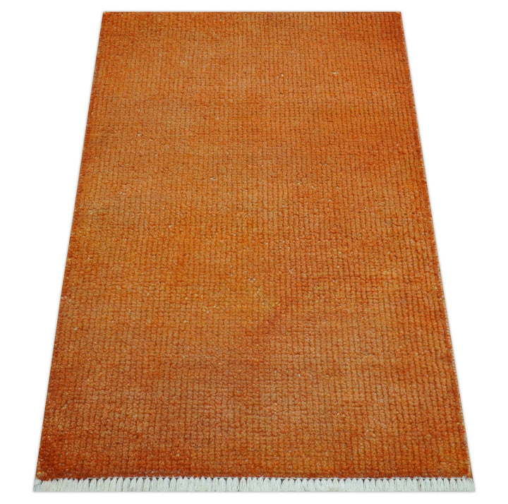 Custom Made Modern Solid Overdyed Orange Hand Knotted Wool Area Rug - The Rug Decor
