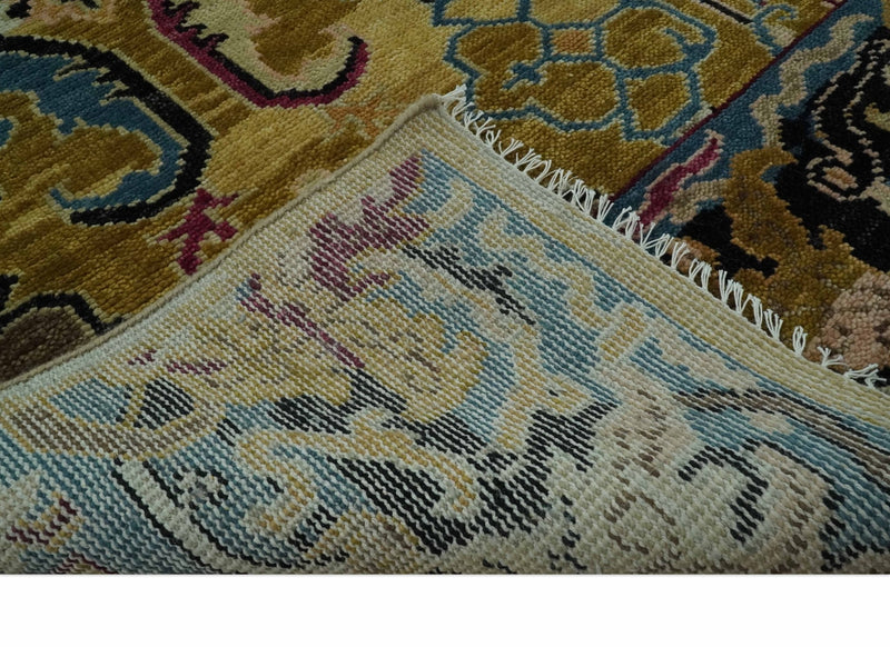 Custom Made Mustard and Teal transitional Dragon Oushak wool area rug - The Rug Decor