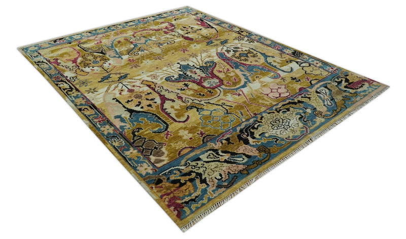 Custom Made Mustard and Teal transitional Dragon Oushak wool area rug - The Rug Decor