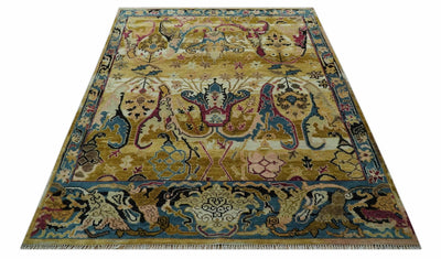 Custom Made Mustard and Teal transitional Dragon Oushak wool area rug - The Rug Decor