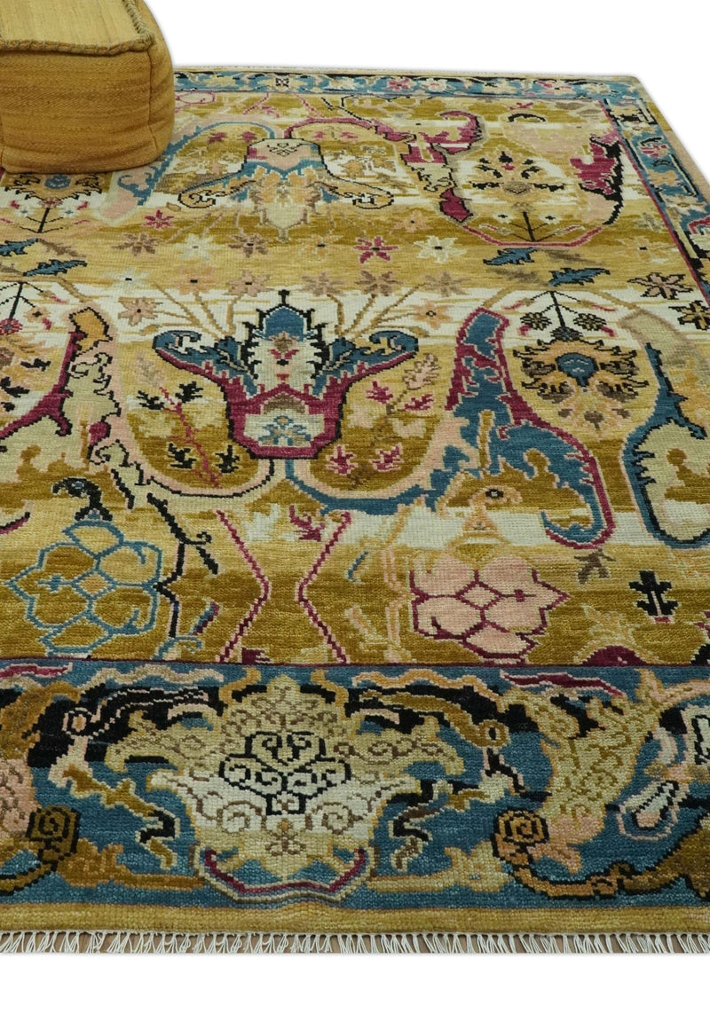 Custom Made Mustard and Teal transitional Dragon Oushak wool area rug - The Rug Decor