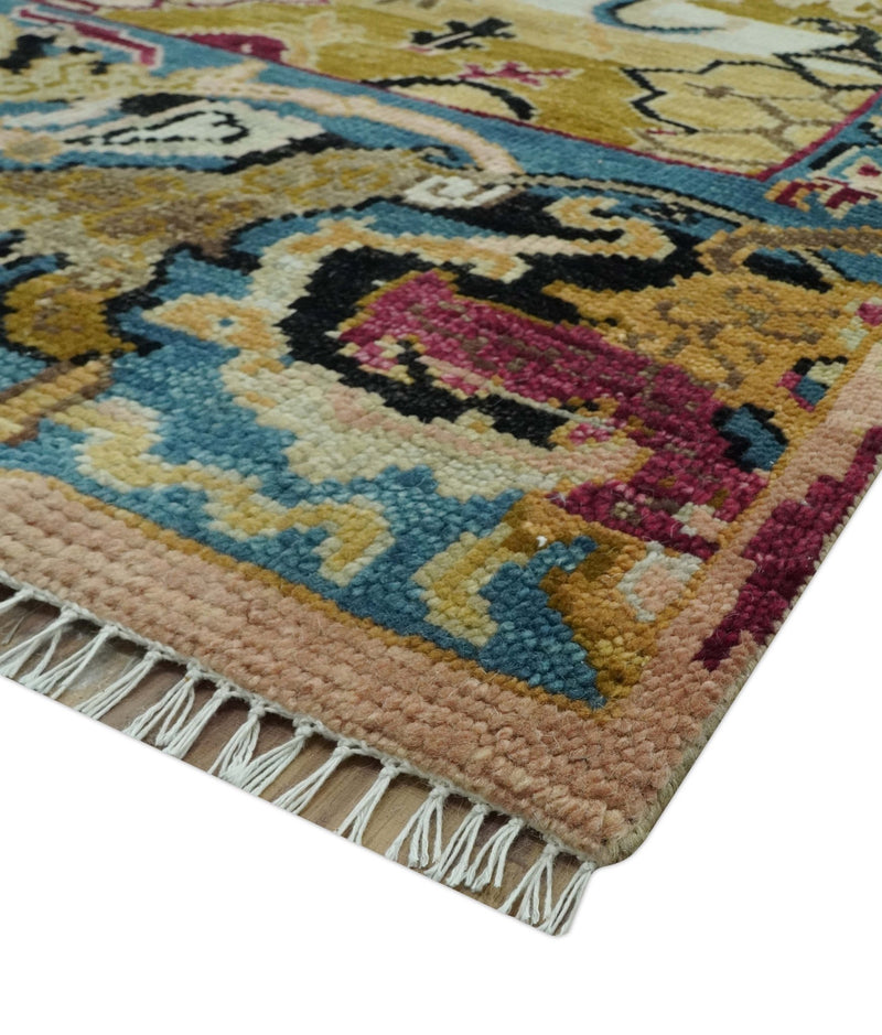 Custom Made Mustard and Teal transitional Dragon Oushak wool area rug - The Rug Decor