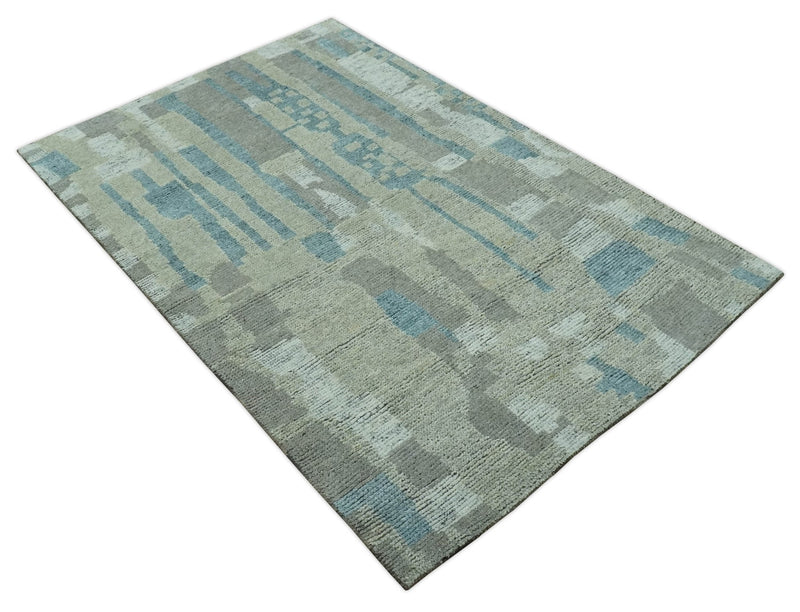 Custom Made Olive, Teal and Brown Modern abstract Hand knotted wool Area Rug - The Rug Decor