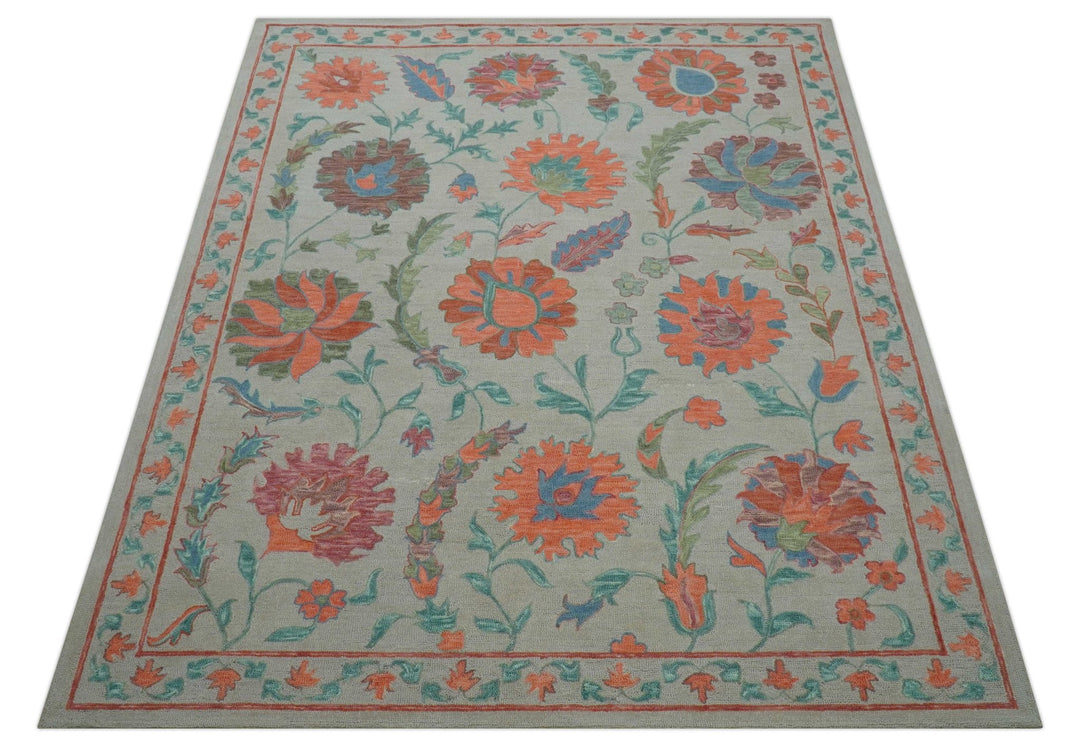 Custom Made Oriental Uzbek Design Floral Beige Hand Tufted Wool Area Rug - The Rug Decor