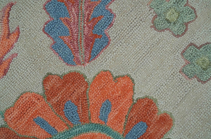 Custom Made Oriental Uzbek Design Floral Beige Hand Tufted Wool Area Rug - The Rug Decor
