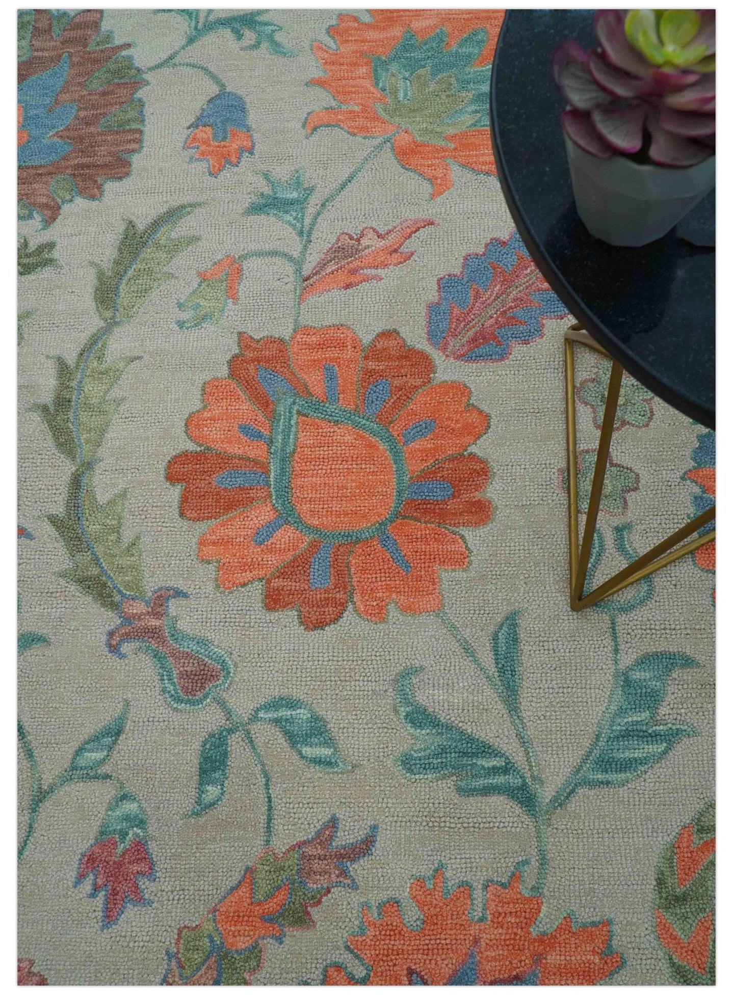 Custom Made Oriental Uzbek Design Floral Beige Hand Tufted Wool Area Rug - The Rug Decor