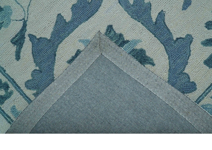 Custom Made Oriental Uzbek Design Floral Ivory And Blue Hand Tufted Wool Area Rug - The Rug Decor