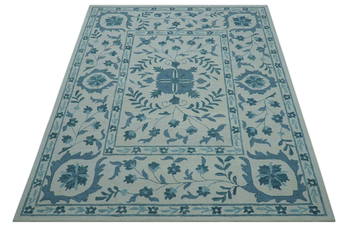 Custom Made Oriental Uzbek Design Floral Ivory And Blue Hand Tufted Wool Area Rug - The Rug Decor