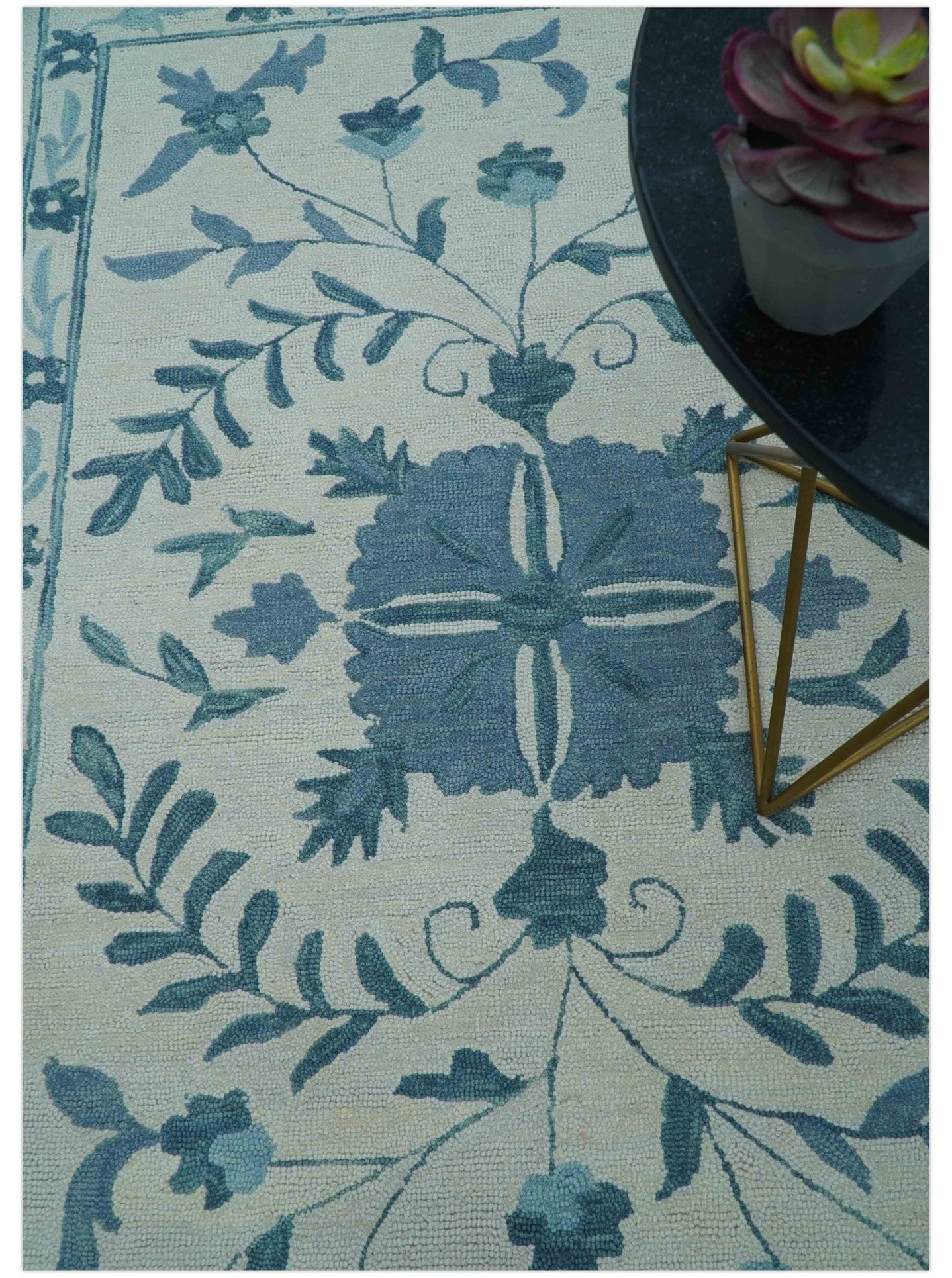 Custom Made Oriental Uzbek Design Floral Ivory And Blue Hand Tufted Wool Area Rug - The Rug Decor
