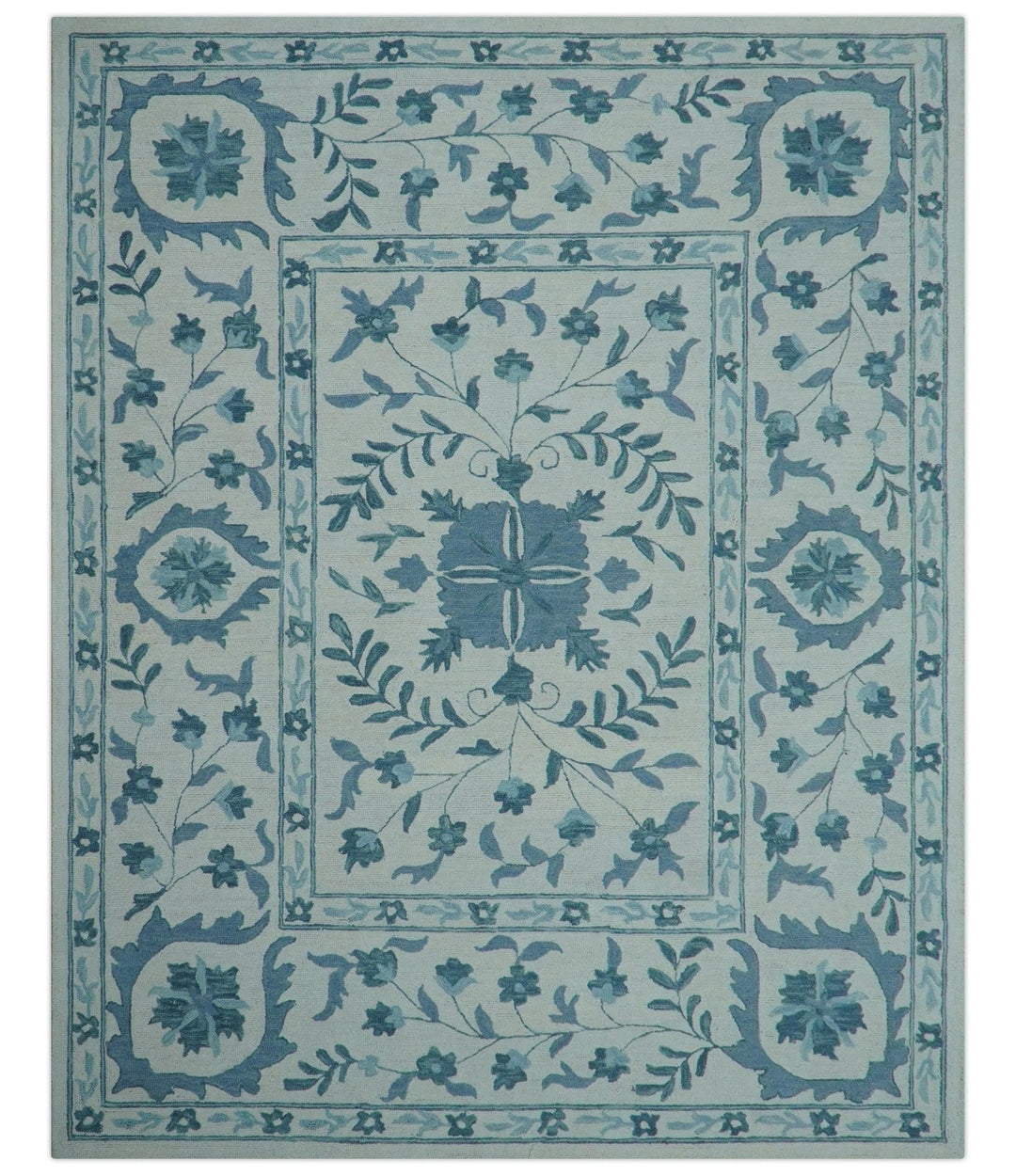 Custom Made Oriental Uzbek Design Floral Ivory And Blue Hand Tufted Wool Area Rug - The Rug Decor