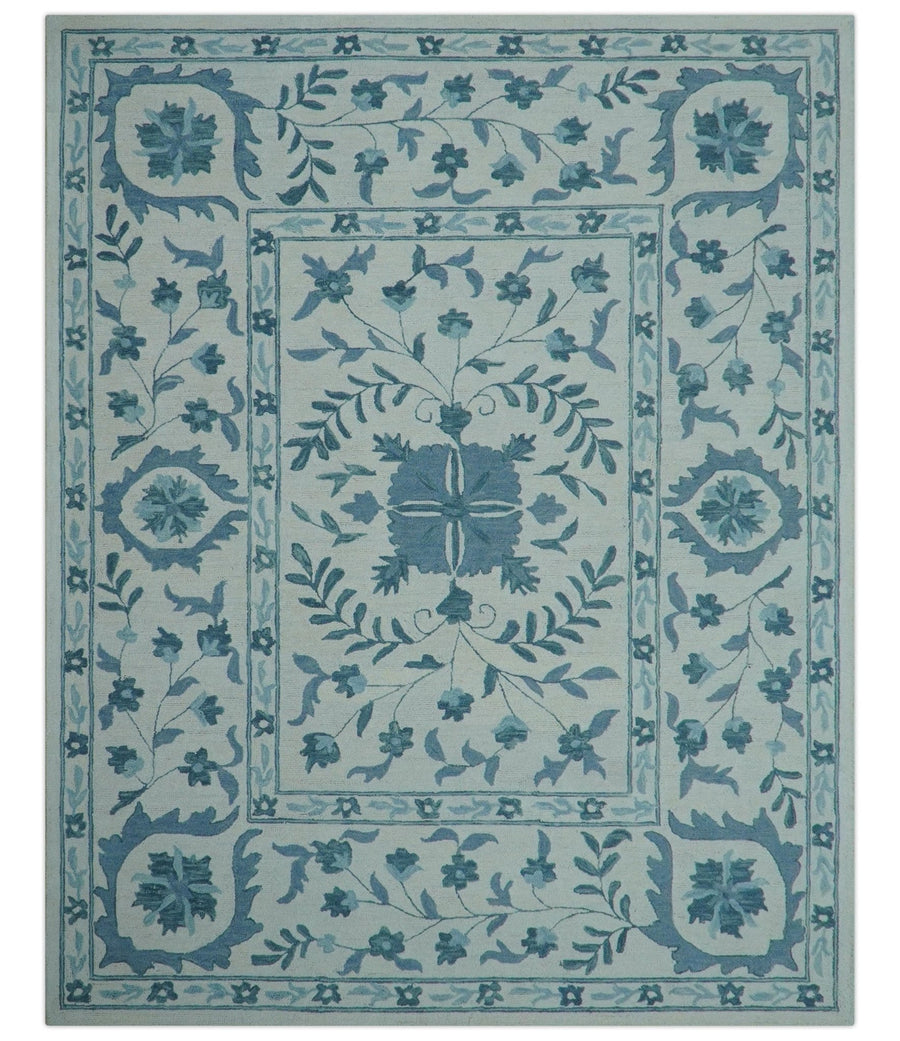 Custom Made Oriental Uzbek Design Floral Ivory And Blue Hand Tufted Wool Area Rug - The Rug Decor