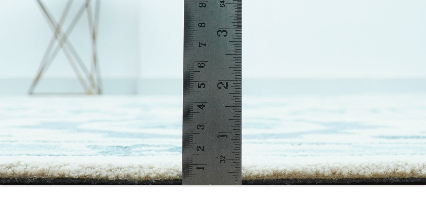 Custom Made Oriental Uzbek Design Floral Ivory And Blue Hand Tufted Wool Area Rug - The Rug Decor