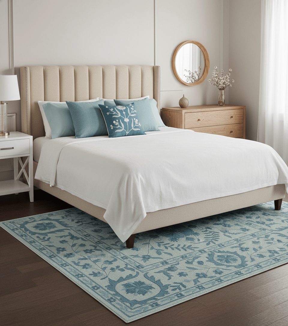 Custom Made Oriental Uzbek Design Floral Ivory And Blue Hand Tufted Wool Rug - The Rug Decor