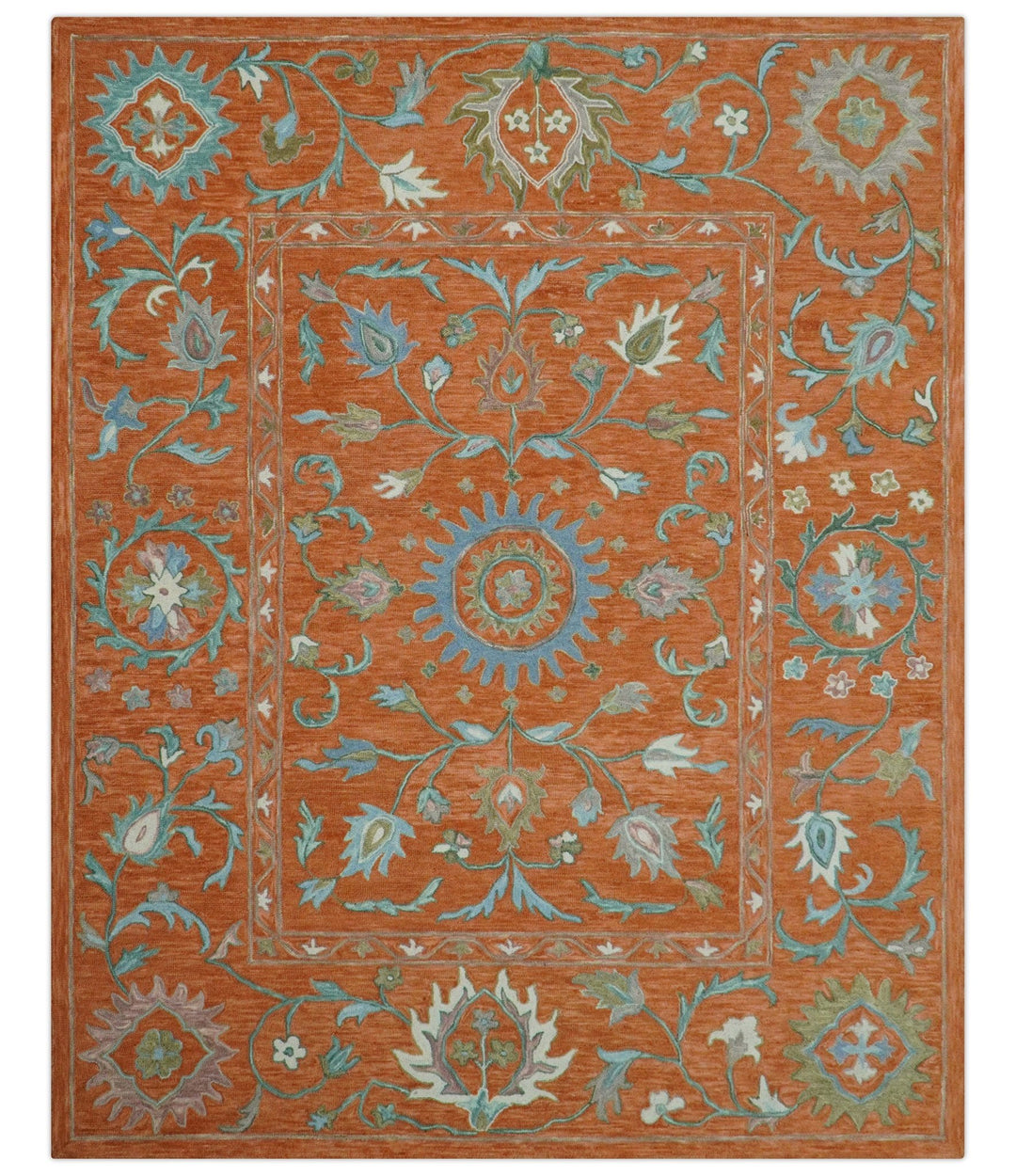 Custom Made Oriental Uzbek Design Floral Rust Hand Tufted Wool Area Rug - The Rug Decor