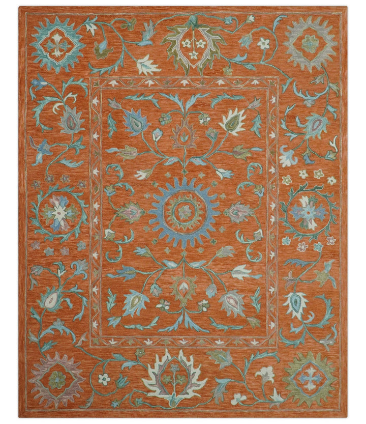 Custom Made Oriental Uzbek Design Floral Rust Hand Tufted Wool Area Rug - The Rug Decor