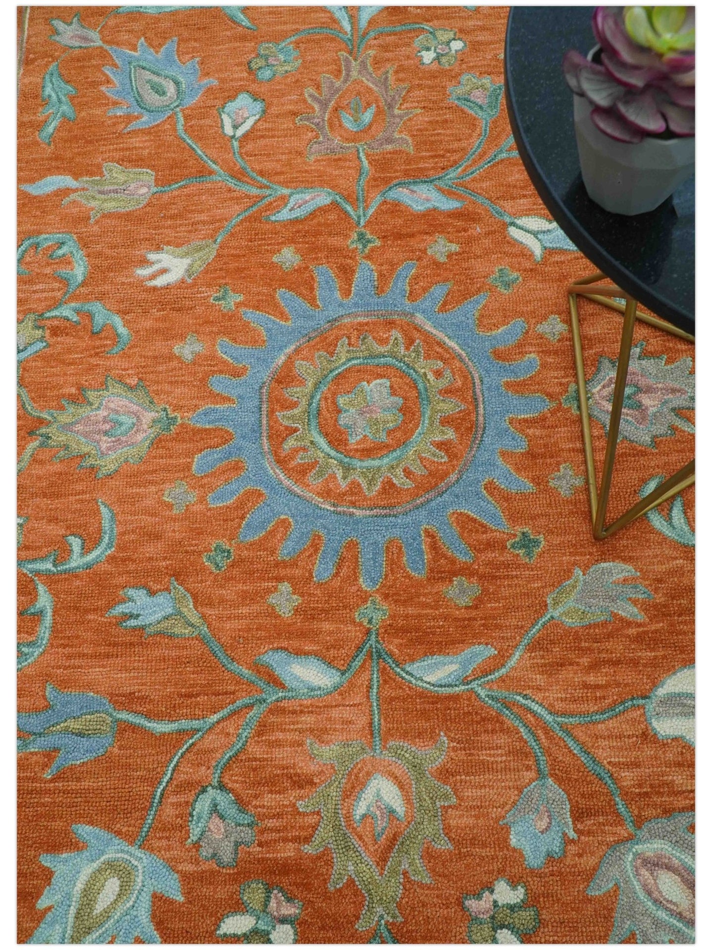 Custom Made Oriental Uzbek Design Floral Rust Hand Tufted Wool Area Rug - The Rug Decor