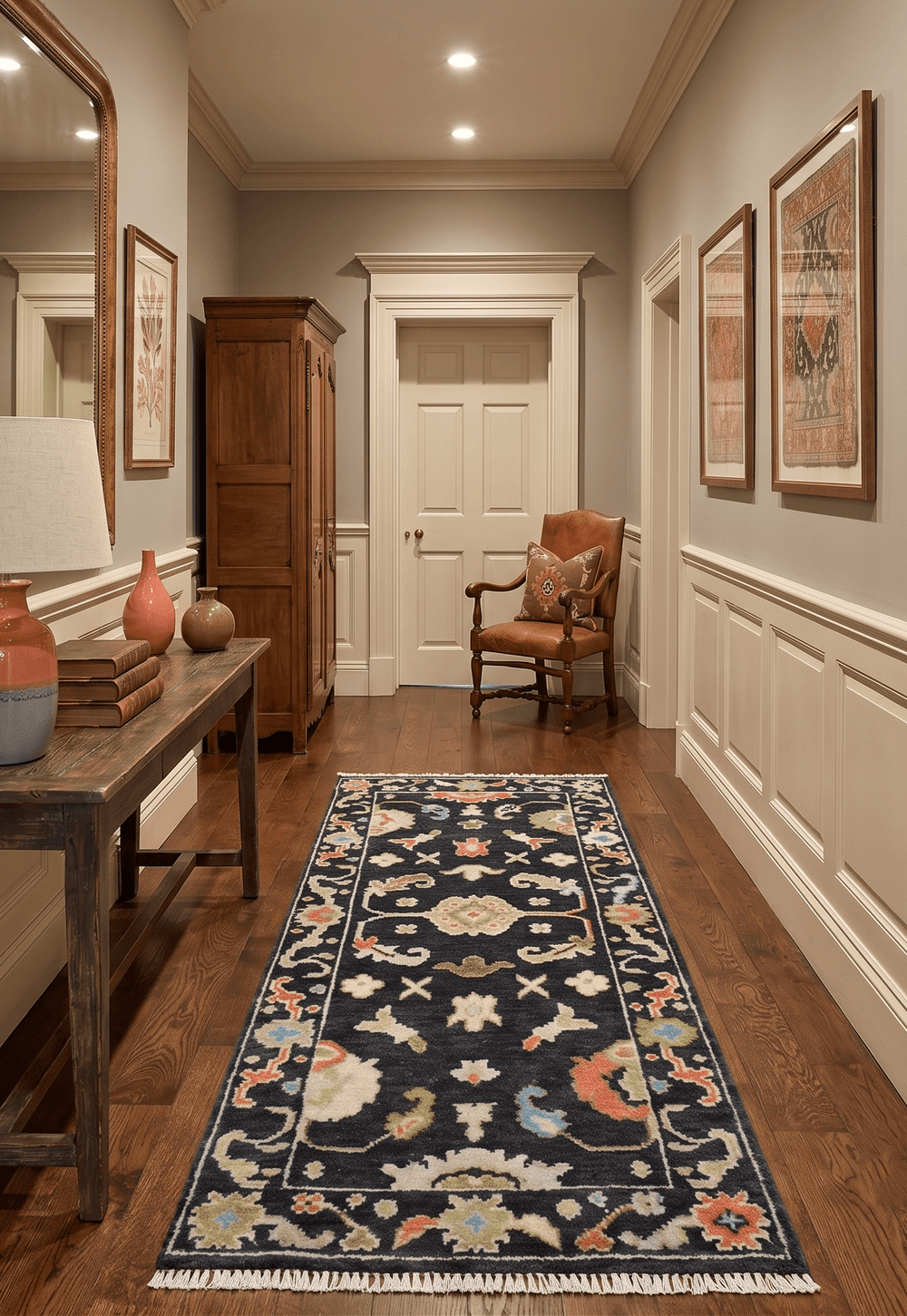 Custom Made Oushak Black And Rust Hand Knotted Runner Wool Rug - The Rug Decor