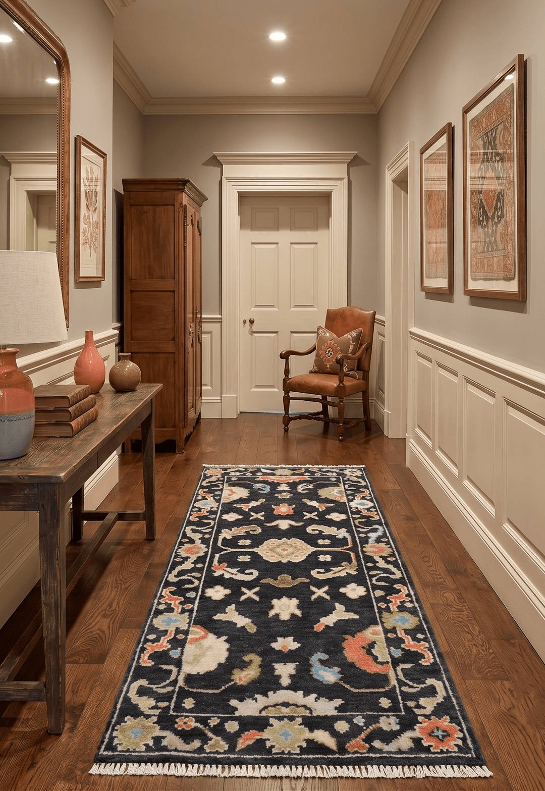 Custom Made Oushak Black And Rust Hand Knotted Runner Wool Rug - The Rug Decor