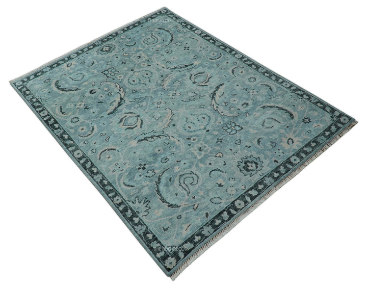 Custom Made Oushak Blue And Beige Hand Knotted Wool Rug - The Rug Decor