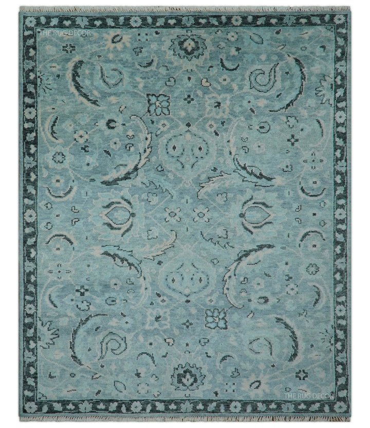 Custom Made Oushak Blue And Beige Hand Knotted Wool Rug - The Rug Decor