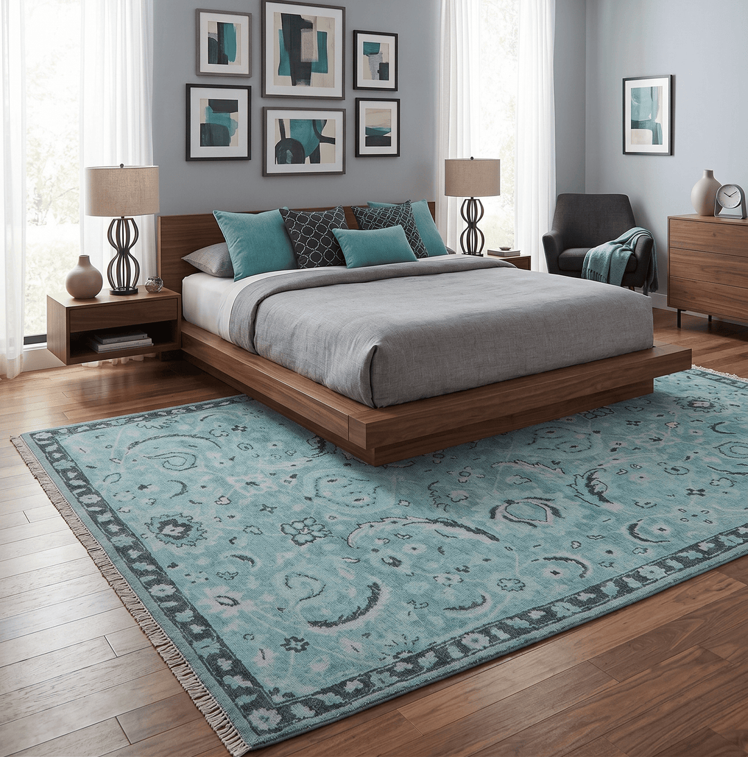 Custom Made Oushak Blue And Beige Hand Knotted Wool Rug - The Rug Decor