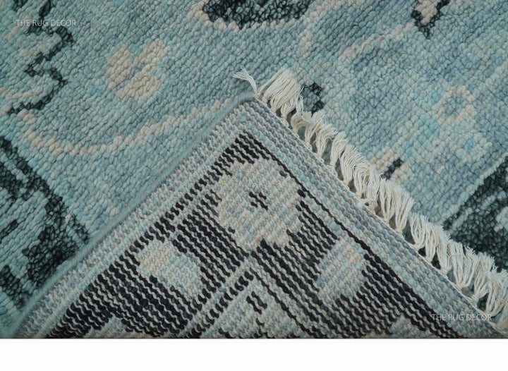 Custom Made Oushak Blue And Beige Hand Knotted Wool Rug - The Rug Decor
