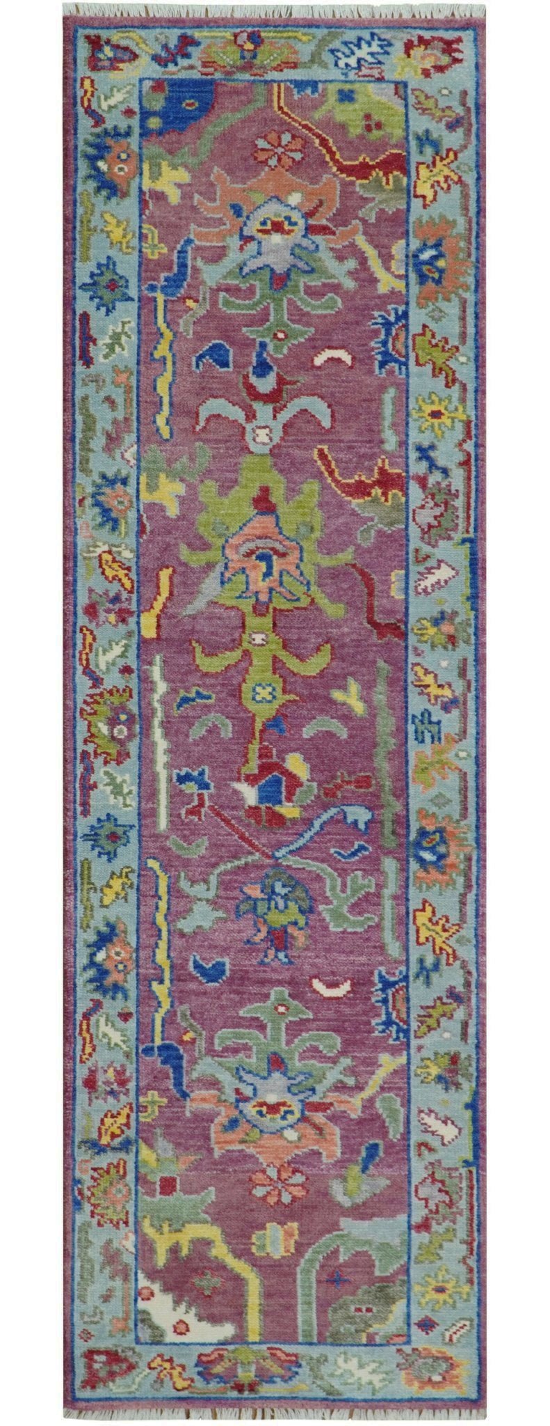 Custom Made Oushak Pink And Blue Runner Hand Knotted Wool Rug - The Rug Decor