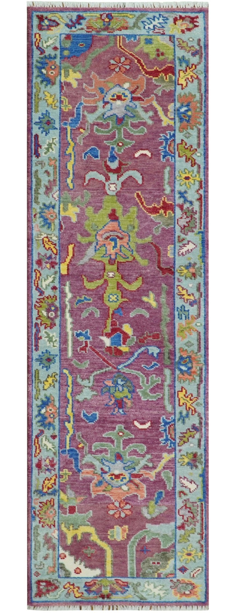 Custom Made Oushak Pink And Blue Runner Hand Knotted Wool Rug - The Rug Decor