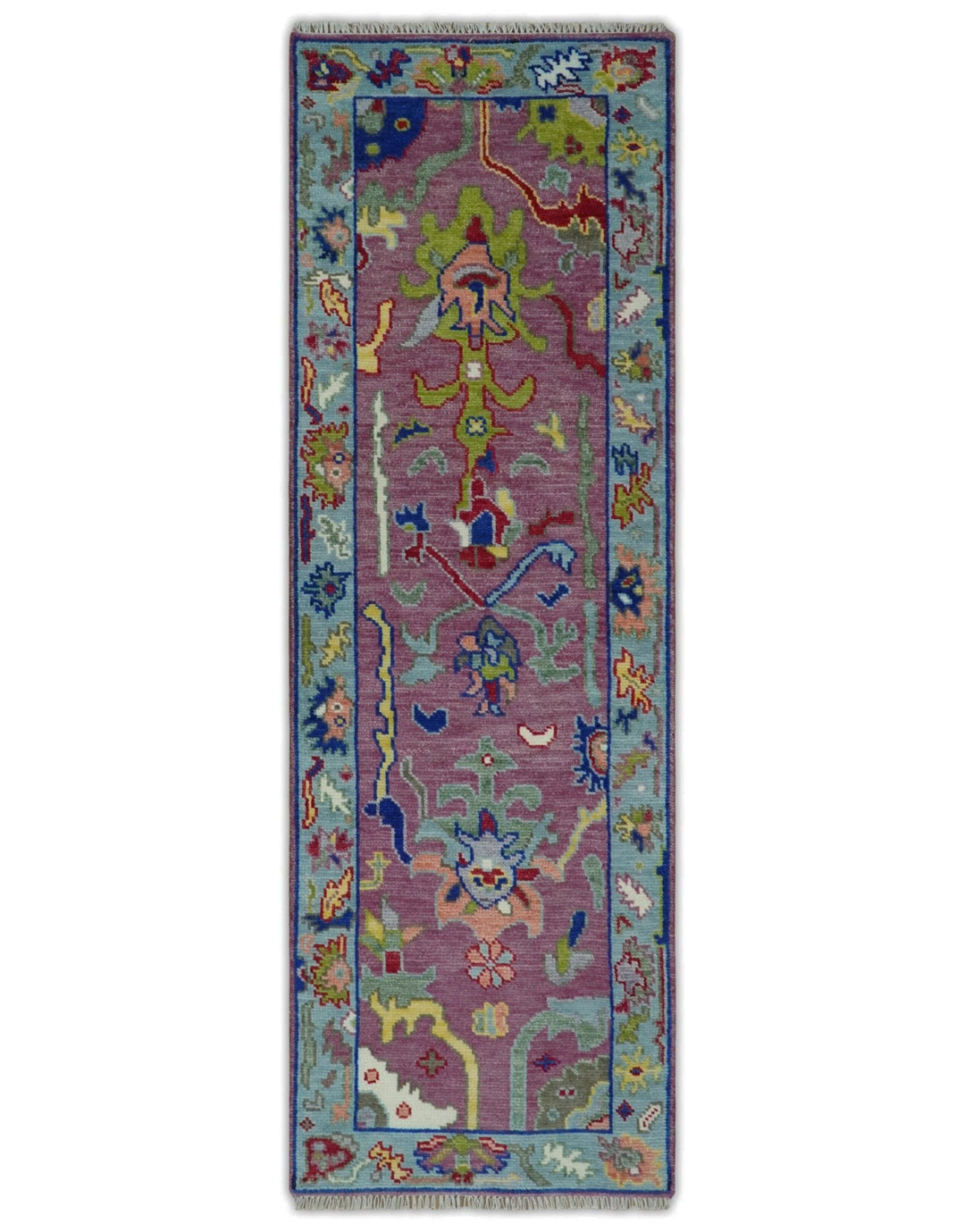 Custom Made Oushak Pink And Blue Runner Hand Knotted Wool Rug - The Rug Decor