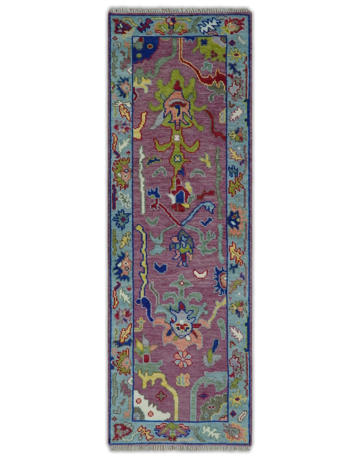 Custom Made Oushak Pink And Blue Runner Hand Knotted Wool Rug - The Rug Decor