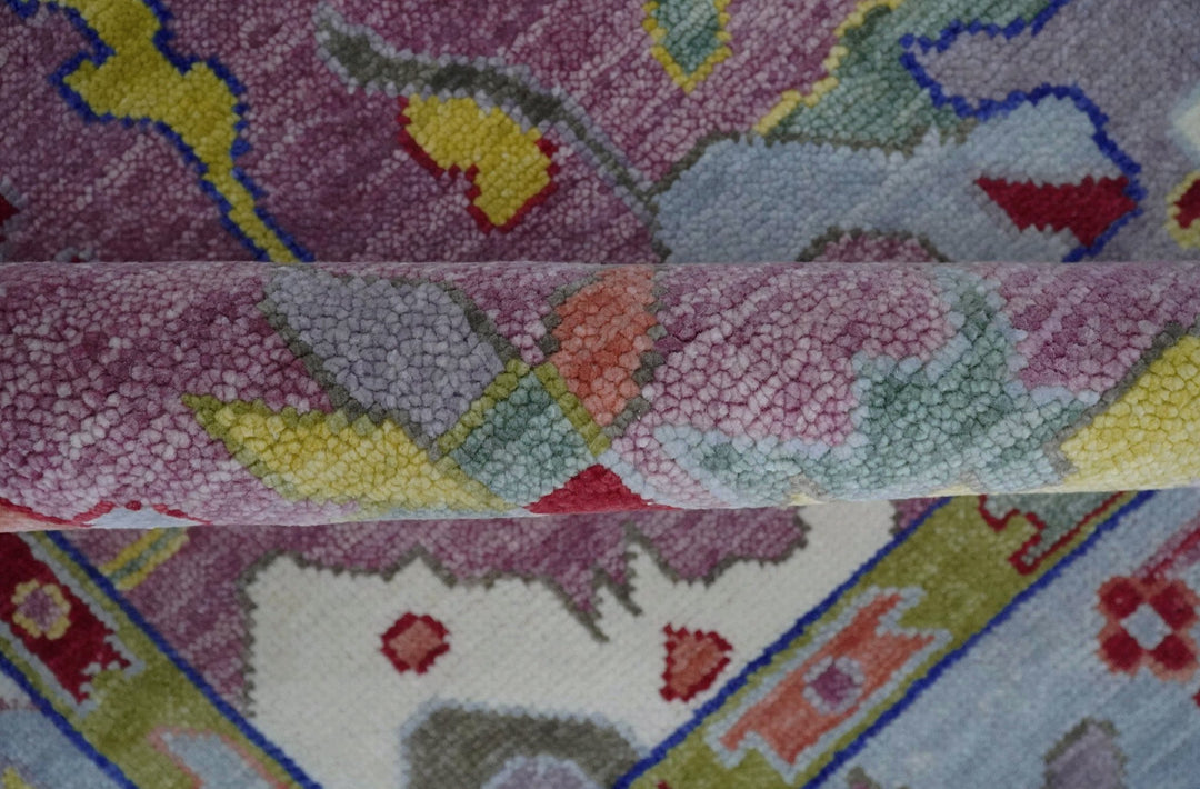Custom Made Oushak Pink And Blue Runner Hand Knotted Wool Rug - The Rug Decor
