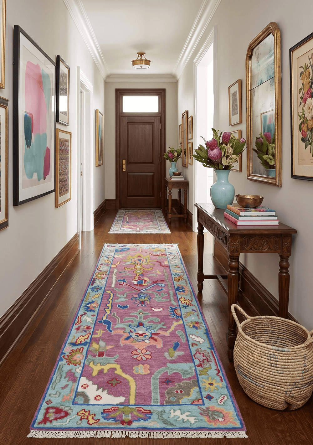 Custom Made Oushak Pink And Blue Runner Hand Knotted Wool Rug - The Rug Decor