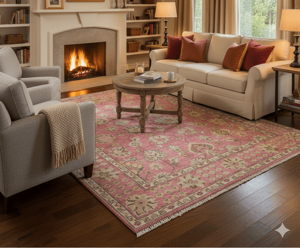 Custom Made Pink and Beige Oushak Hand Knotted Wool Rug - The Rug Decor
