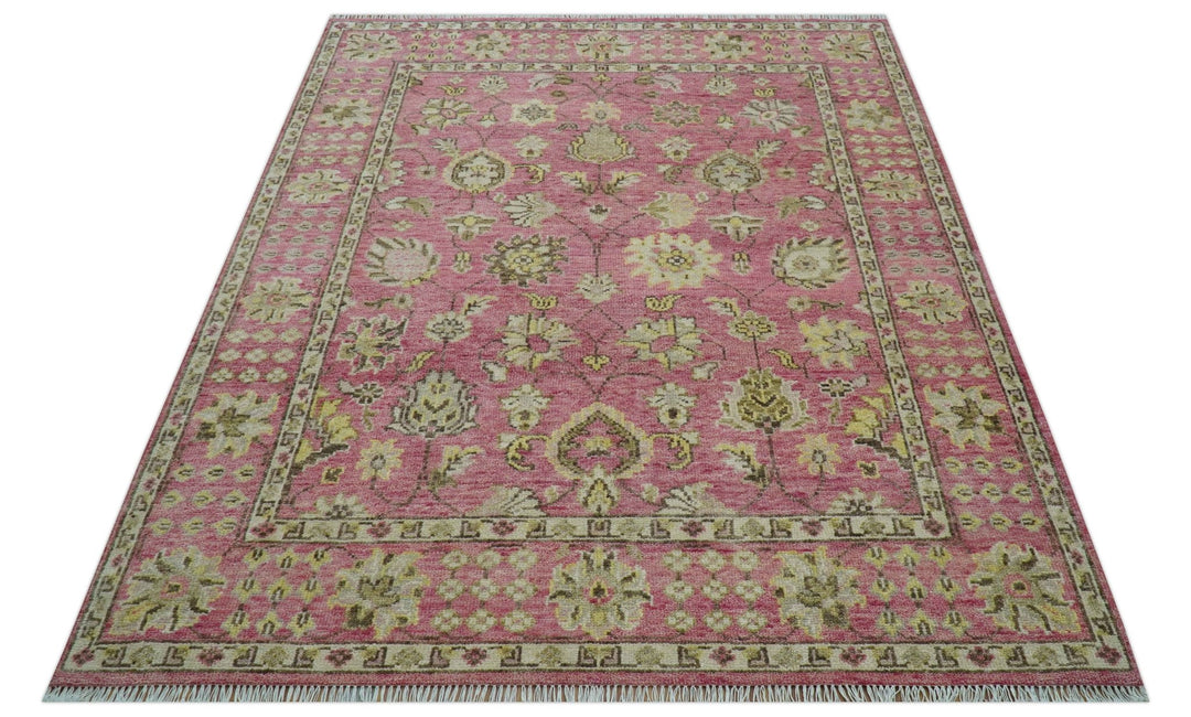 Custom Made Pink and Beige Oushak Hand Knotted Wool Rug - The Rug Decor