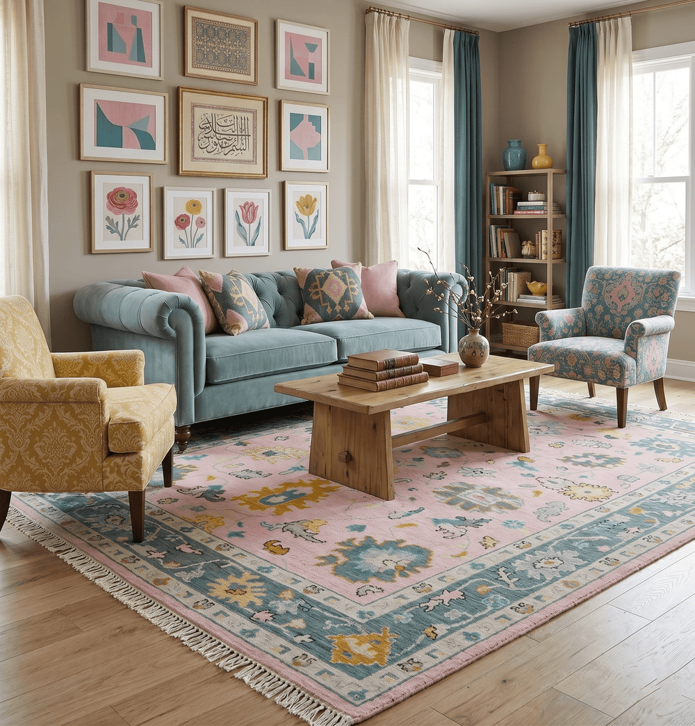 Custom Made Pink and Gray Hand knotted Traditional Oushak wool Area Rug - The Rug Decor