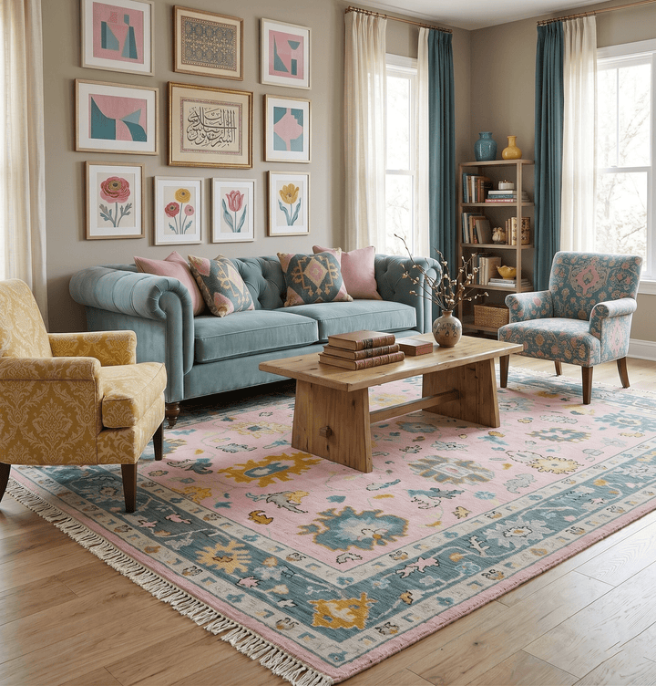 Custom Made Pink and Gray Hand knotted Traditional Oushak wool Area Rug - The Rug Decor