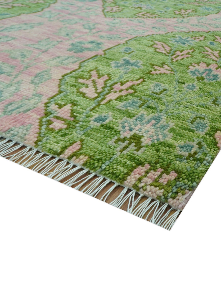 Custom Made Pink And Green Traditional Floral Motifs Design Hand Knotted wool area rug - The Rug Decor