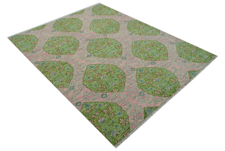 Custom Made Pink And Green Traditional Floral Motifs Design Hand Knotted wool area rug - The Rug Decor